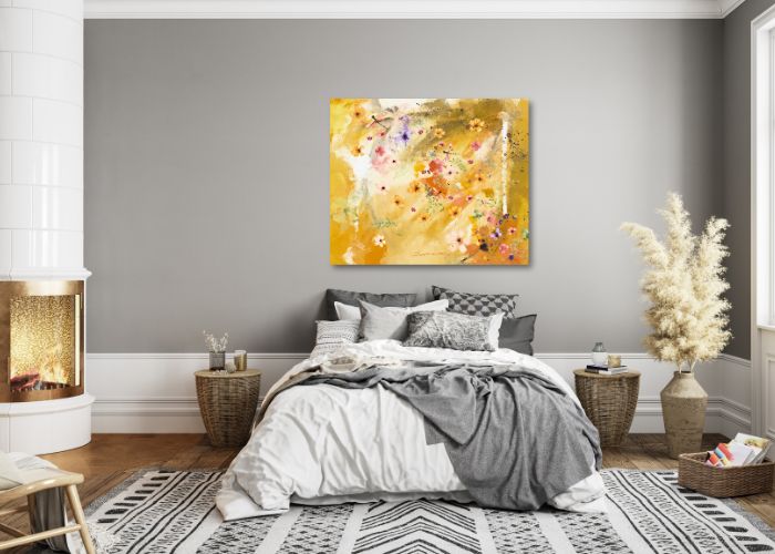 Soft golden hues with delicate florals – A Quality Printed Canvas. Inspirational Art for Stylish Interiors.