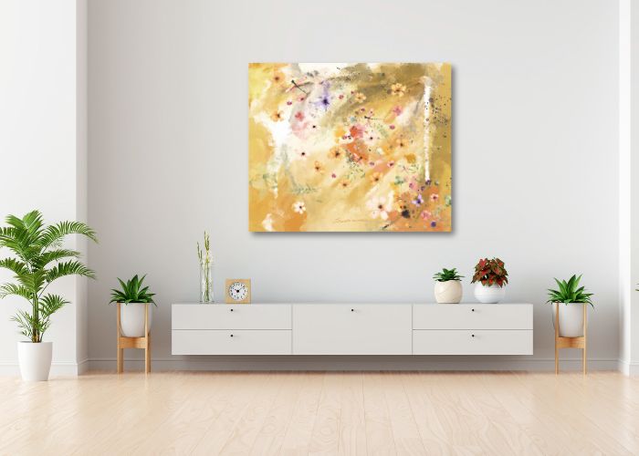 Gentle wildflowers and dragonflies floating in a dreamy landscape printed on quality canvas. Inspirational Art for Stylish Interiors.